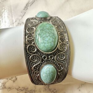 Faux turquoise silver engraved clamper bracelet